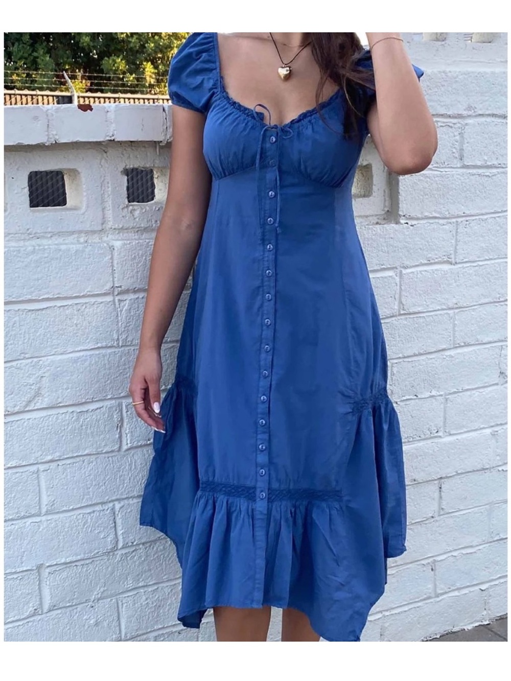 Blue Milkmaid Midi Dress with Puff Sleeves 100% Cotton Cottagecore